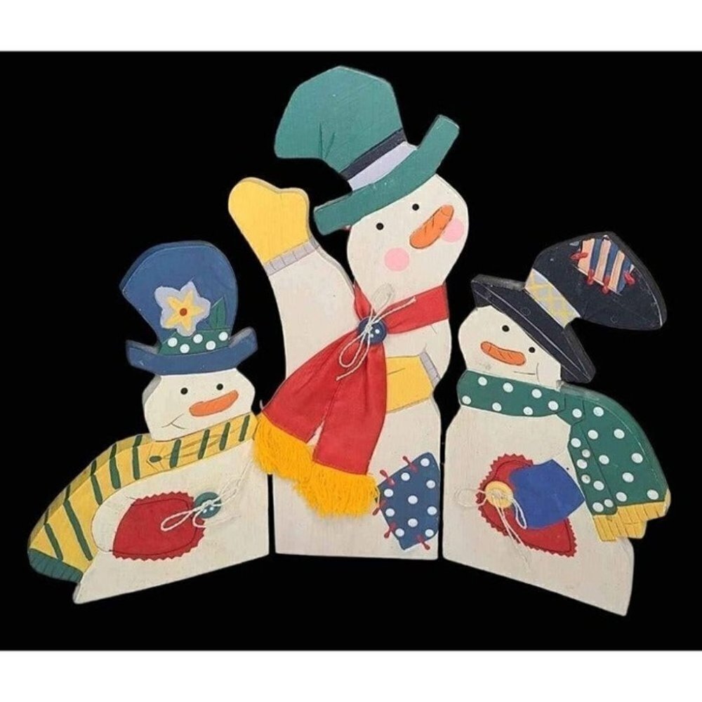 3 Snowmen Wooden Folding Screen Window or Table Top Decor 13"